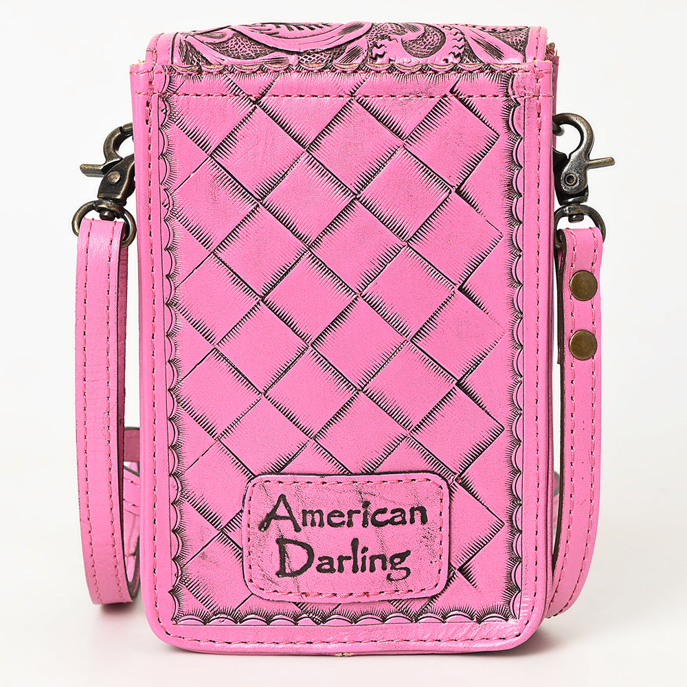 ADBG1448C Pink Hand Tooled Leather Phone Crossbody Bag - Western Floral Vertical Pouch