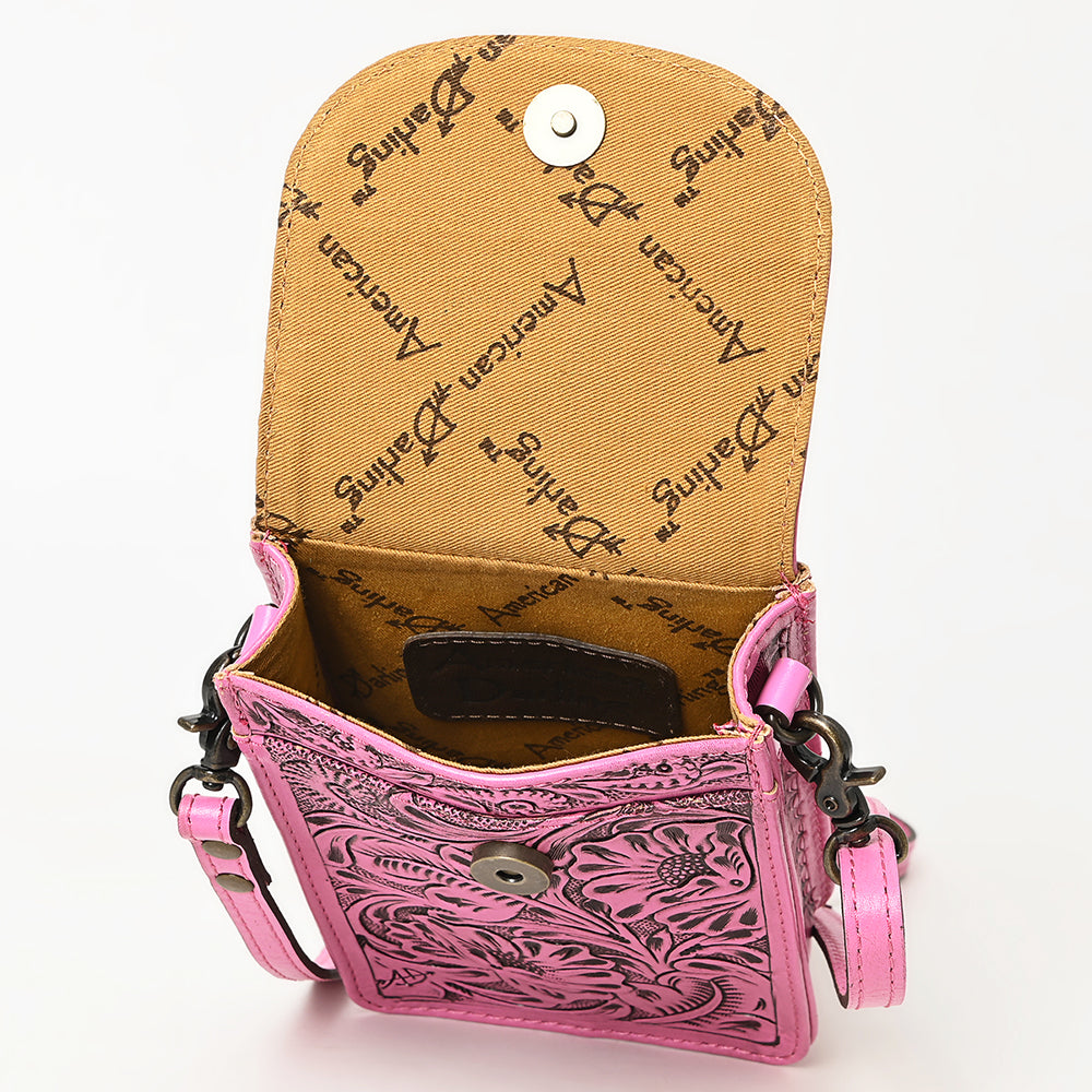 ADBG1448C Pink Hand Tooled Leather Phone Crossbody Bag - Western Floral Vertical Pouch