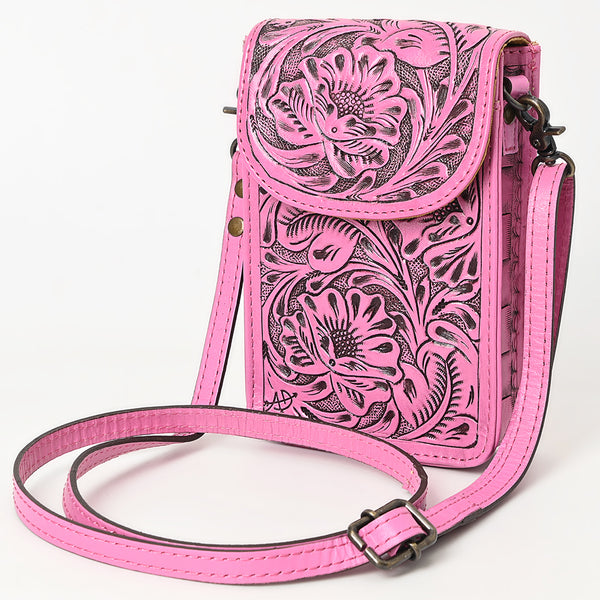 ADBG1448C Pink Hand Tooled Leather Phone Crossbody Bag - Western Floral Vertical Pouch