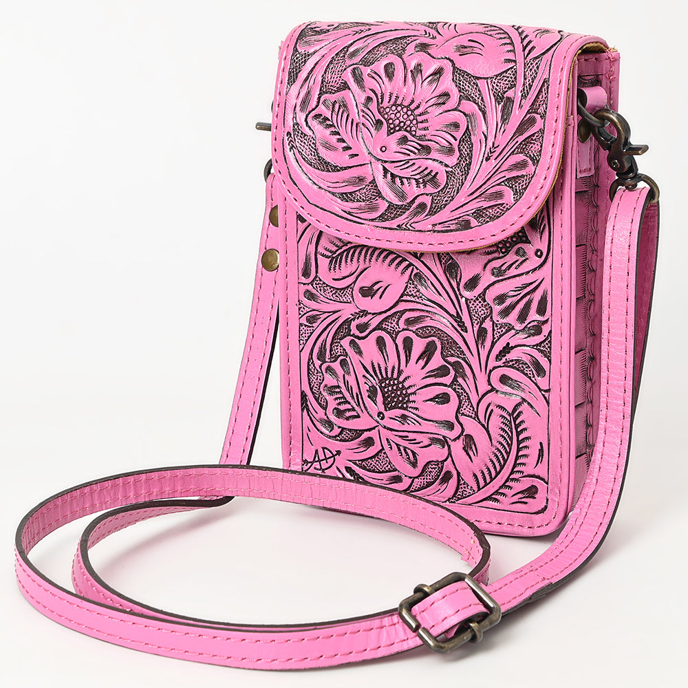 ADBG1448C Pink Hand Tooled Leather Phone Crossbody Bag - Western Floral Vertical Pouch