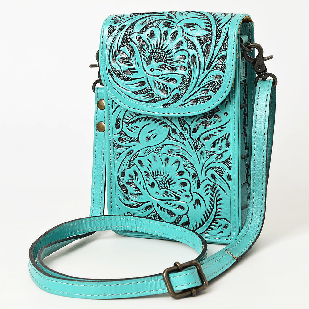 ADBG1448 Hand Tooled Leather Phone Crossbody Bag - Western Floral Vertical Pouch