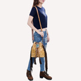ADBG1272 Hair-On Hide Leather Fringe Bucket Bag with Turquoise Concho Accent