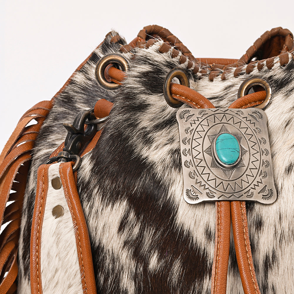 ADBG1272 Hair-On Hide Leather Fringe Bucket Bag with Turquoise Concho Accent