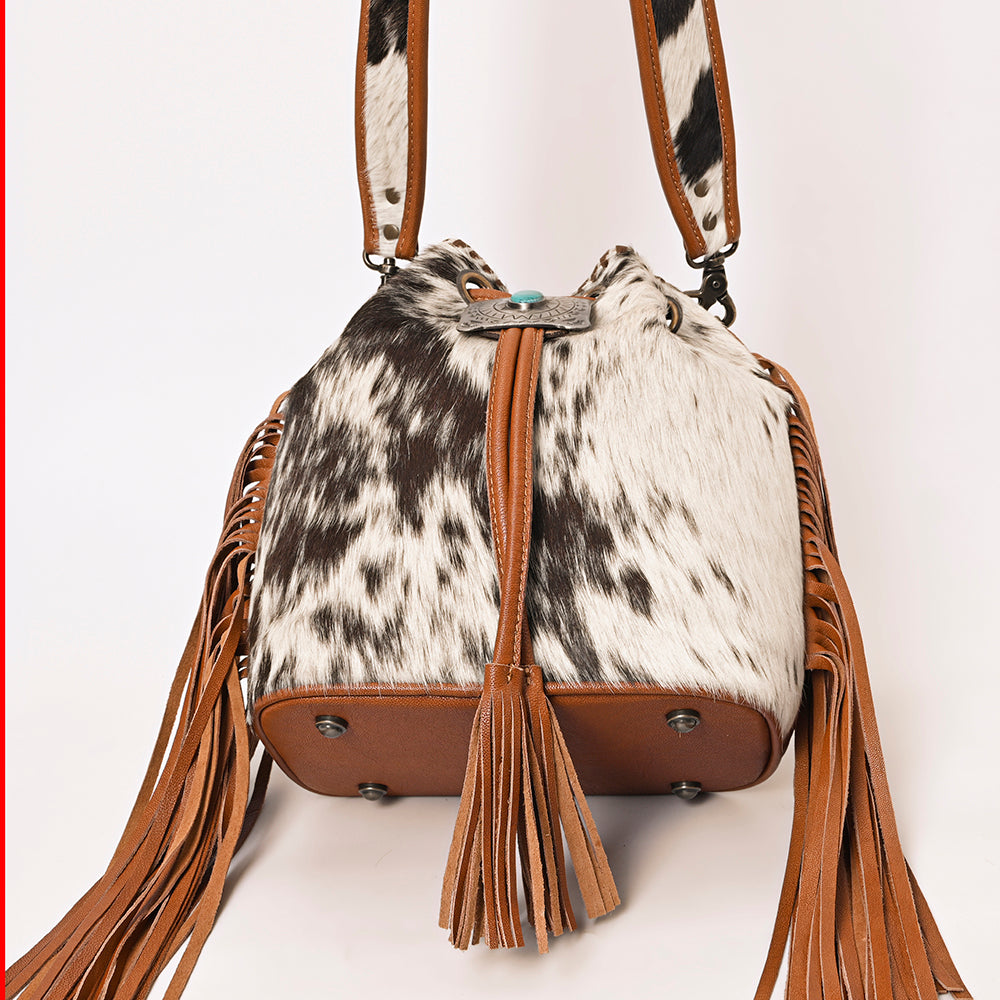 ADBG1272 Hair-On Hide Leather Fringe Bucket Bag with Turquoise Concho Accent