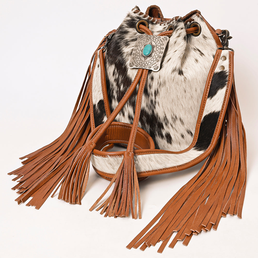 ADBG1272 Hair-On Hide Leather Fringe Bucket Bag with Turquoise Concho Accent