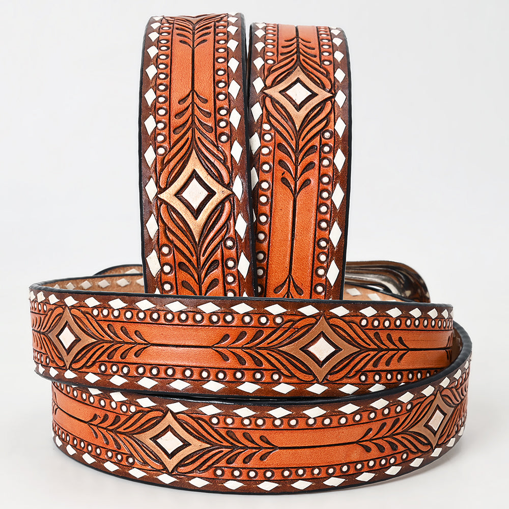 ADBLF247 Geometric Tooled Leather Western Belt with Whipstitch Edge and Engraved Buckle