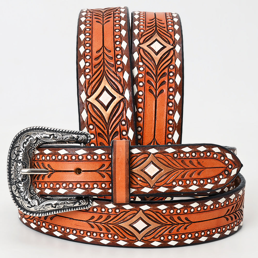ADBLF247 Geometric Tooled Leather Western Belt with Whipstitch Edge and Engraved Buckle