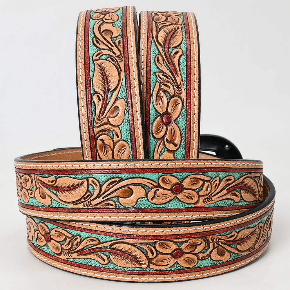 ADBLF248 Mint Green Floral Tooled Leather Belt with Decorative Silver Buckle