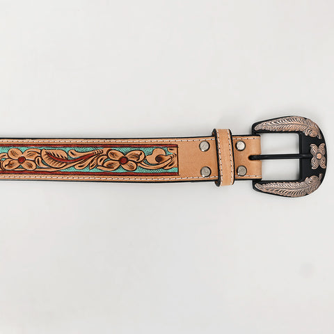 ADBLF248 Mint Green Floral Tooled Leather Belt with Decorative Silver Buckle