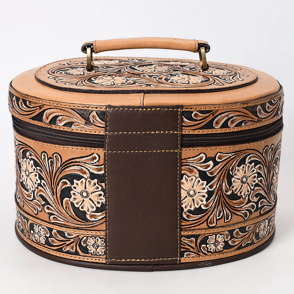 ADBGA412 Western Hand Tooled Leather Jewelry Case Oval Floral Organizer (Tan)
