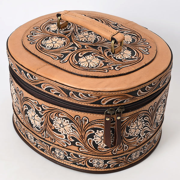 ADBGA412 Western Hand Tooled Leather Jewelry Case Oval Floral Organizer (Tan)
