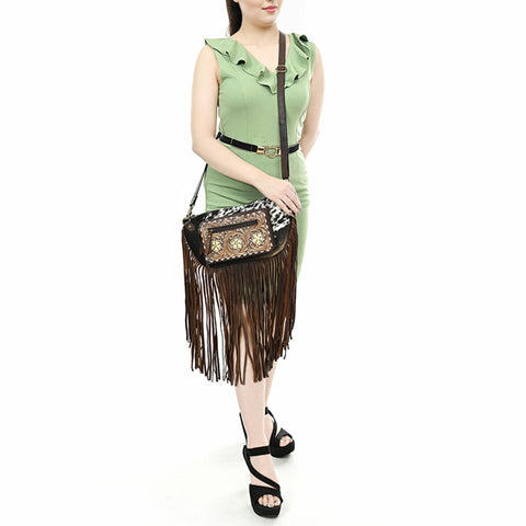 American Darling Fringed Hair-On Cowhide Hand Tooled Leather Fanny Pack