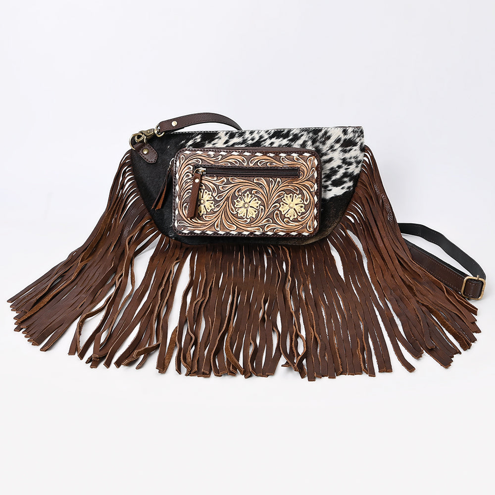 ADBGA550 American Darling Western Fanny Pack Cowhide Leather with Hand-Tooled Floral Pocket & Fringe