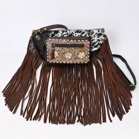 American Darling Fringed Hair-On Cowhide Hand Tooled Leather Fanny Pack