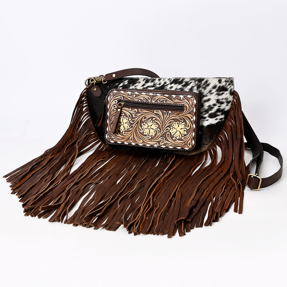 ADBGA550 American Darling Western Fanny Pack Cowhide Leather with Hand-Tooled Floral Pocket & Fringe