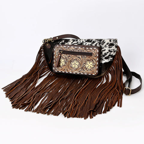 American Darling Fringed Hair-On Cowhide Hand Tooled Leather Fanny Pack