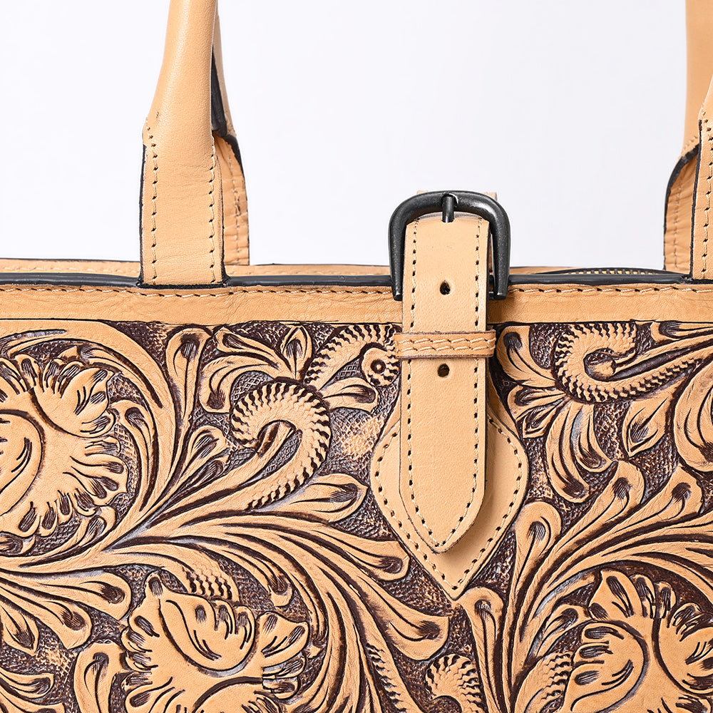 LC-ADBGZ828 Structured Hand-Tooled Leather Box Tote Western Floral Design with Buckle Accent