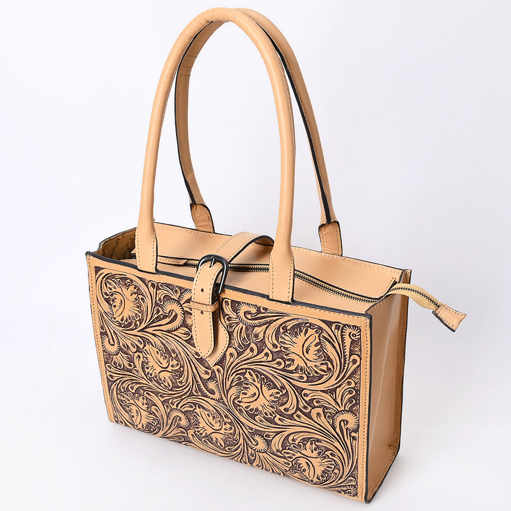 LC-ADBGZ828 Structured Hand-Tooled Leather Box Tote Western Floral Design with Buckle Accent