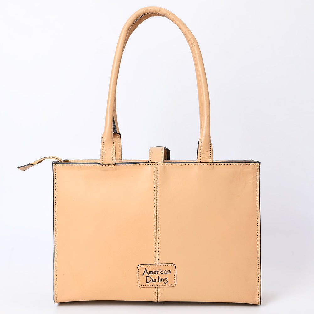 LC-ADBGZ828 Structured Hand-Tooled Leather Box Tote Western Floral Design with Buckle Accent