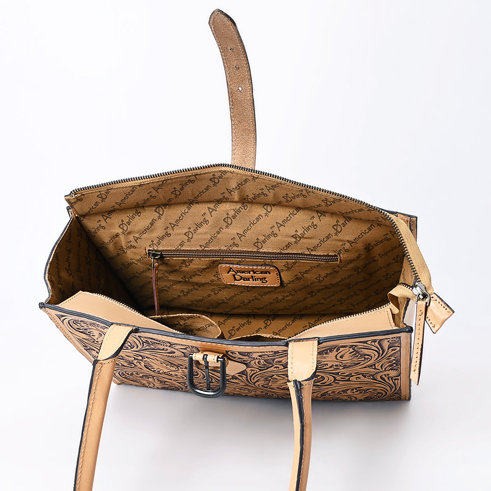 LC-ADBGZ828 Structured Hand-Tooled Leather Box Tote Western Floral Design with Buckle Accent