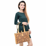 LC-ADBGZ828 Structured Hand-Tooled Leather Box Tote Western Floral Design with Buckle Accent