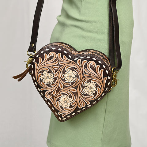 Heart-Shaped Hand Tooled Leather Canteen Bag Genuine Western Floral by American Darling