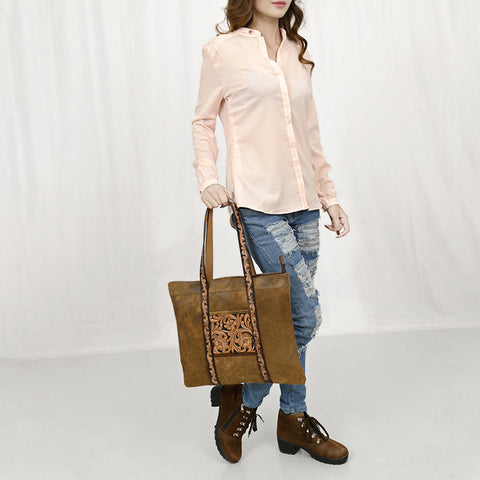 American Darling Genuine Suede Leather Hand Tooled Floral Carved Tote Bag Western Purse