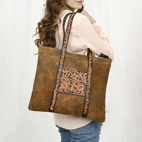 American Darling Genuine Suede Leather Hand Tooled Floral Carved Tote Bag Western Purse