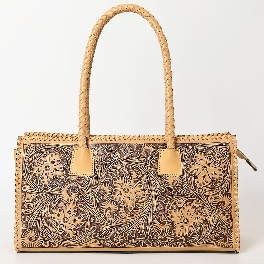ADBGZ833 Hand-Tooled Leather Western Handbag - Floral Design with Braided Handles