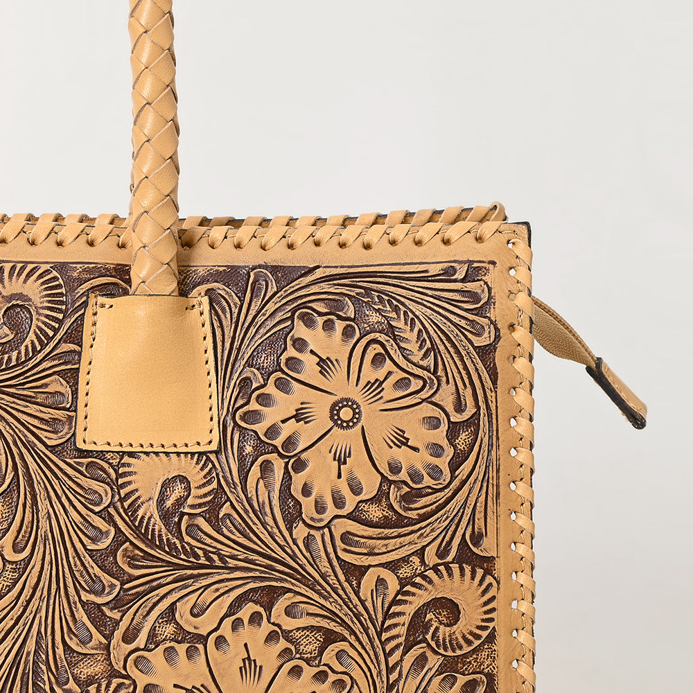 ADBGZ833 Hand-Tooled Leather Western Handbag - Floral Design with Braided Handles