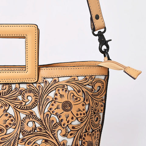ADBGZ835 Hand-Tooled Leather Western Tote Handbag - Square Handle Design