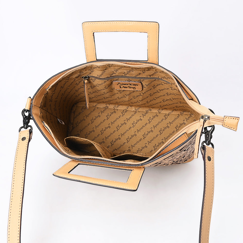 ADBGZ835 Hand-Tooled Leather Western Tote Handbag - Square Handle Design