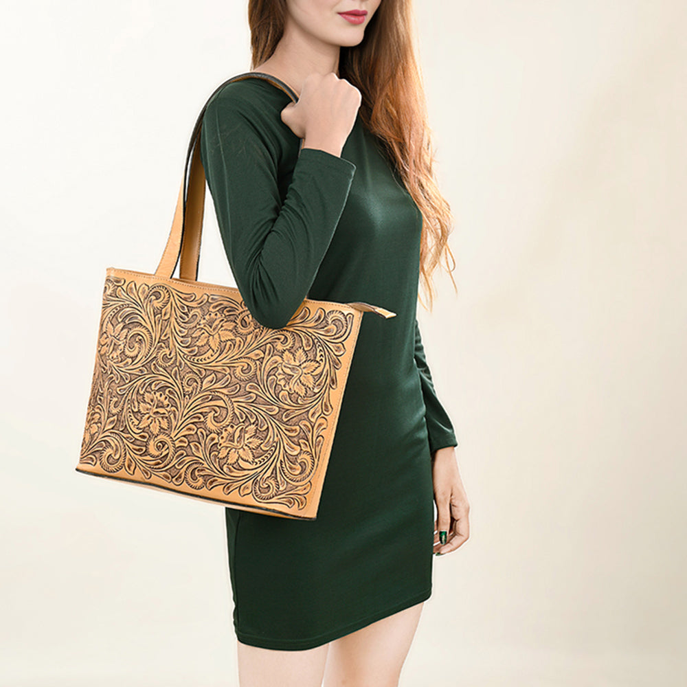 ADBGZ837 Hand-Tooled Leather Tote Bag - Western Floral Statement