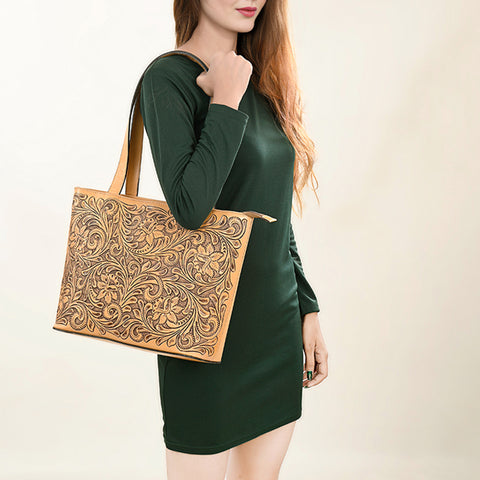 ADBGZ837 Hand-Tooled Leather Tote Bag - Western Floral Statement