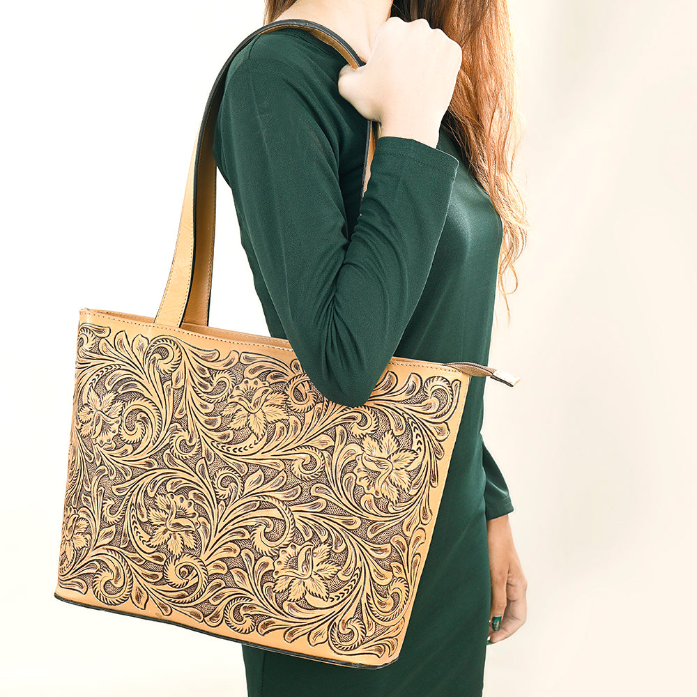 ADBGZ837 Hand-Tooled Leather Tote Bag - Western Floral Statement