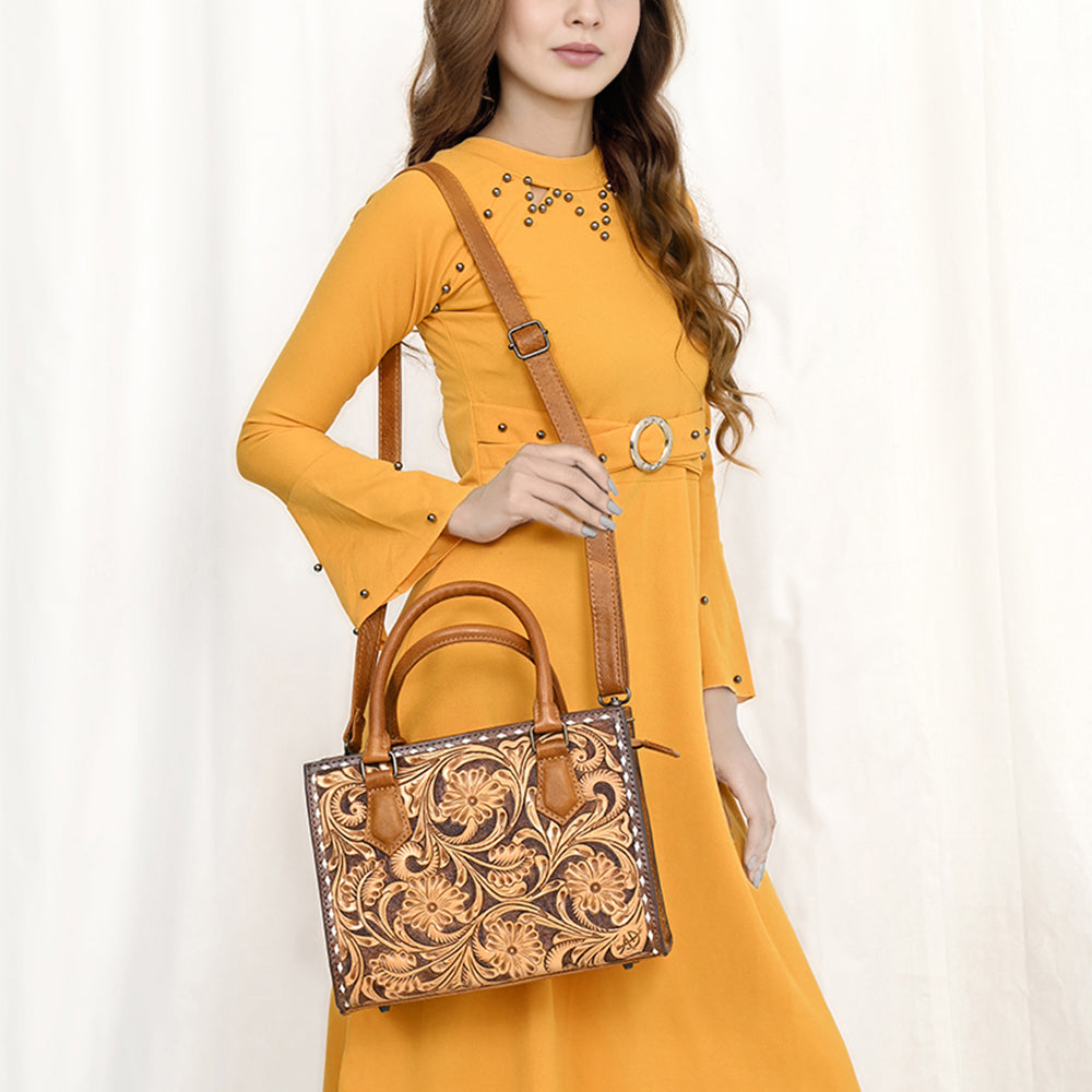 ADBG1453 Hand Tooled Leather Western Satchel - Floral Tan & Brown Convertible Shoulder Bag