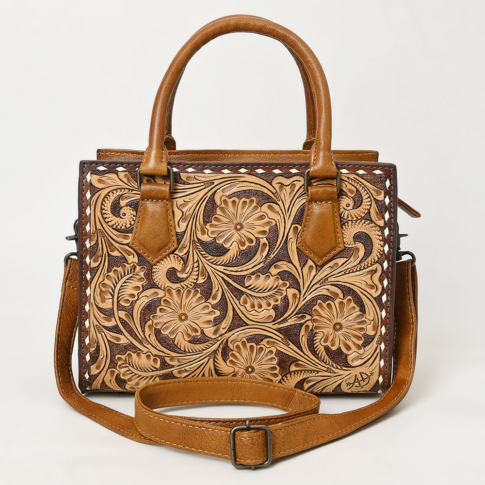 ADBG1453 Hand Tooled Leather Western Satchel - Floral Tan & Brown Convertible Shoulder Bag