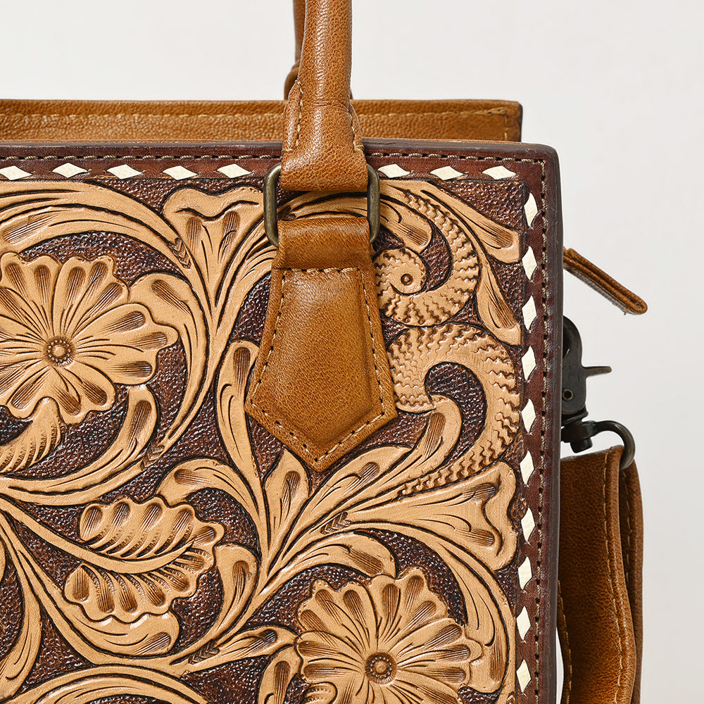 ADBG1453 Hand Tooled Leather Western Satchel - Floral Tan & Brown Convertible Shoulder Bag