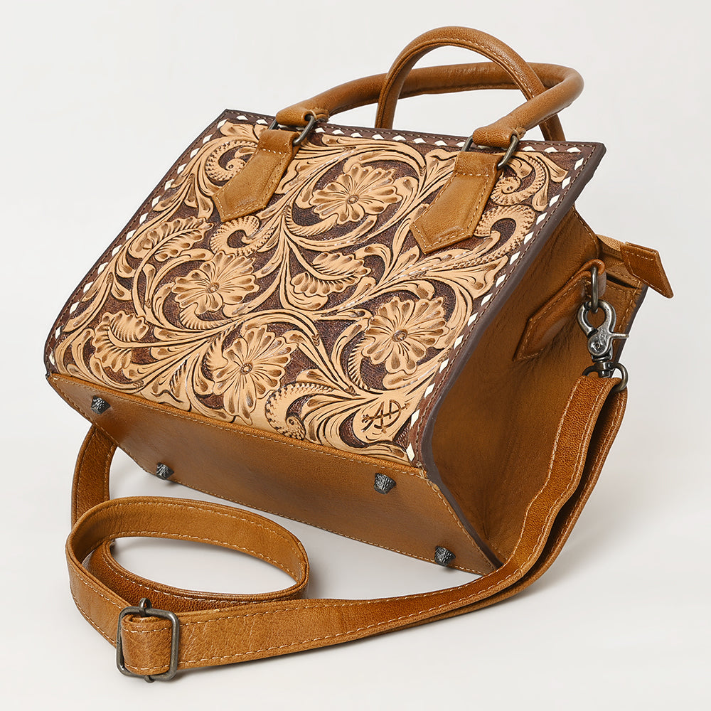 ADBG1453 Hand Tooled Leather Western Satchel - Floral Tan & Brown Convertible Shoulder Bag