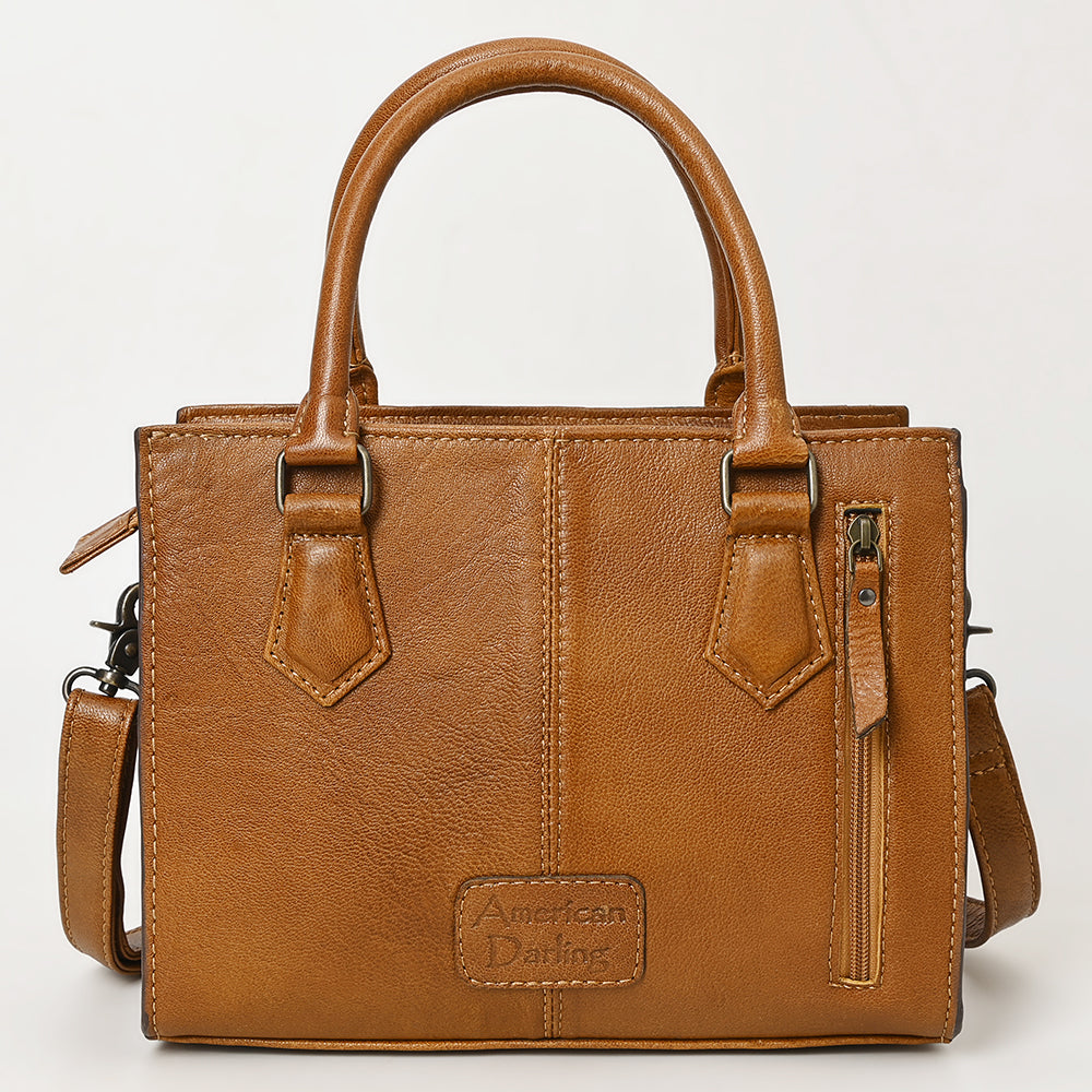 ADBG1453 Hand Tooled Leather Western Satchel - Floral Tan & Brown Convertible Shoulder Bag