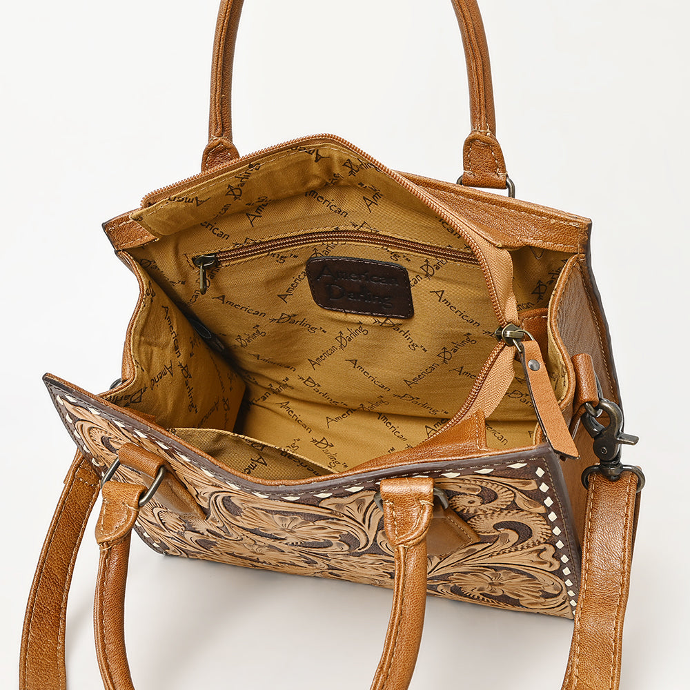 ADBG1453 Hand Tooled Leather Western Satchel - Floral Tan & Brown Convertible Shoulder Bag
