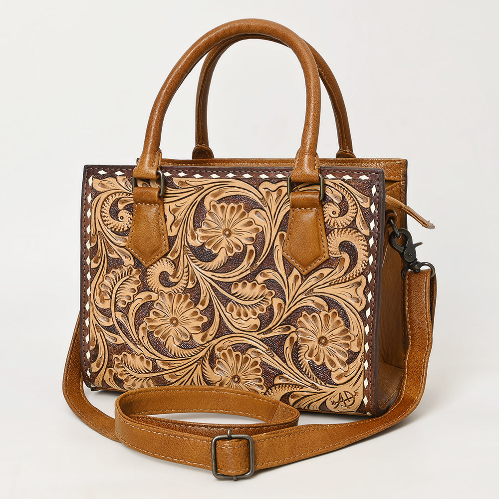 ADBG1453 Hand Tooled Leather Western Satchel - Floral Tan & Brown Convertible Shoulder Bag