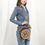 ADBG1457 Round Hand Tooled Barrel Racer Leather Bag - Western Cowgirl Crossbody