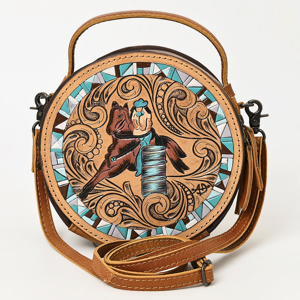 ADBG1457 Round Hand Tooled Barrel Racer Leather Bag - Western Cowgirl Crossbody