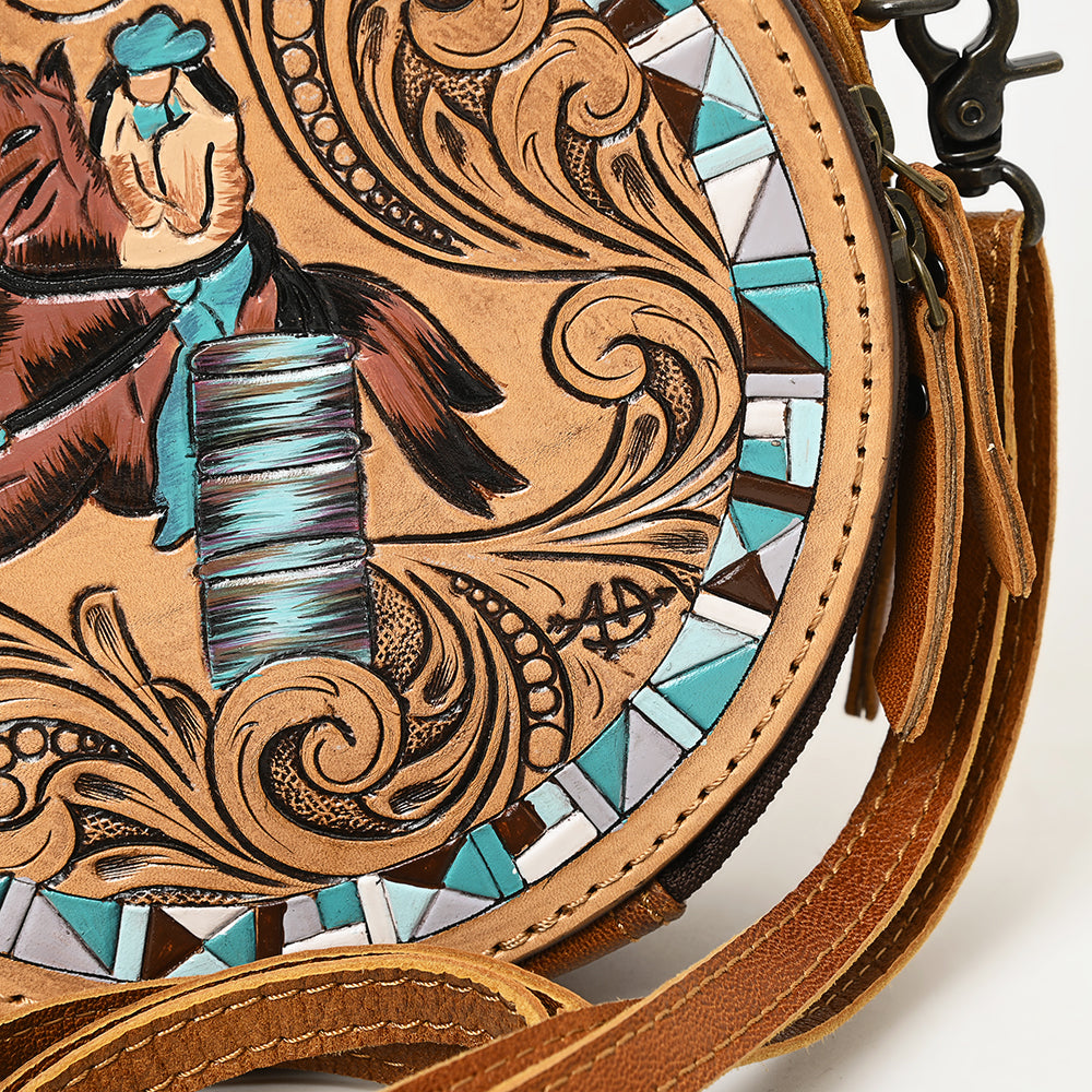 ADBG1457 Round Hand Tooled Barrel Racer Leather Bag - Western Cowgirl Crossbody