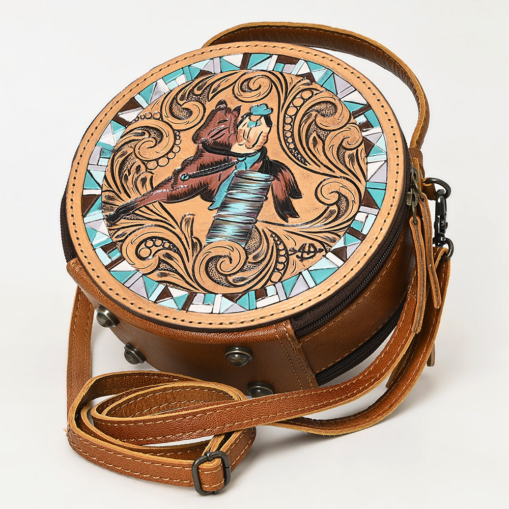 ADBG1457 Round Hand Tooled Barrel Racer Leather Bag - Western Cowgirl Crossbody