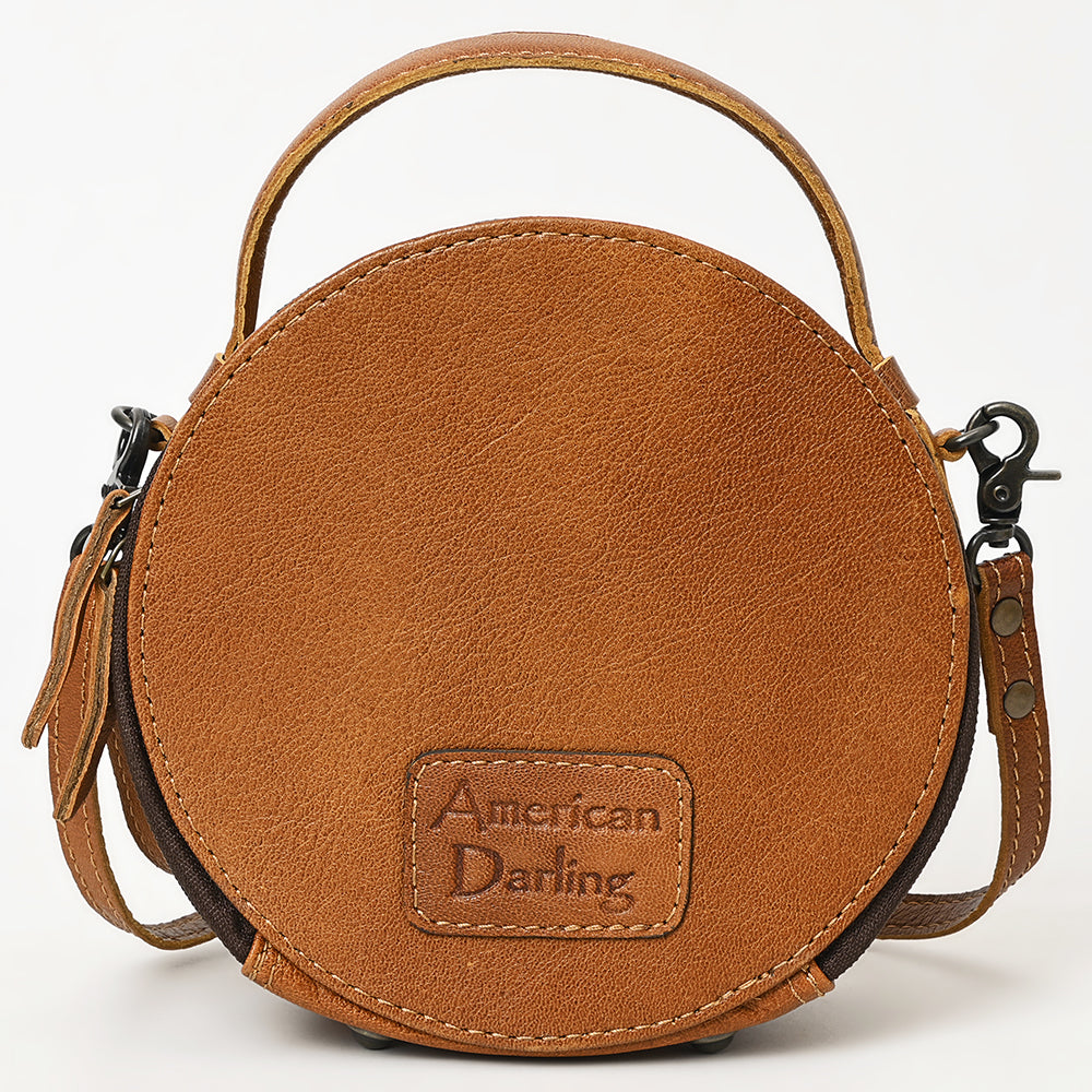 ADBG1457 Round Hand Tooled Barrel Racer Leather Bag - Western Cowgirl Crossbody
