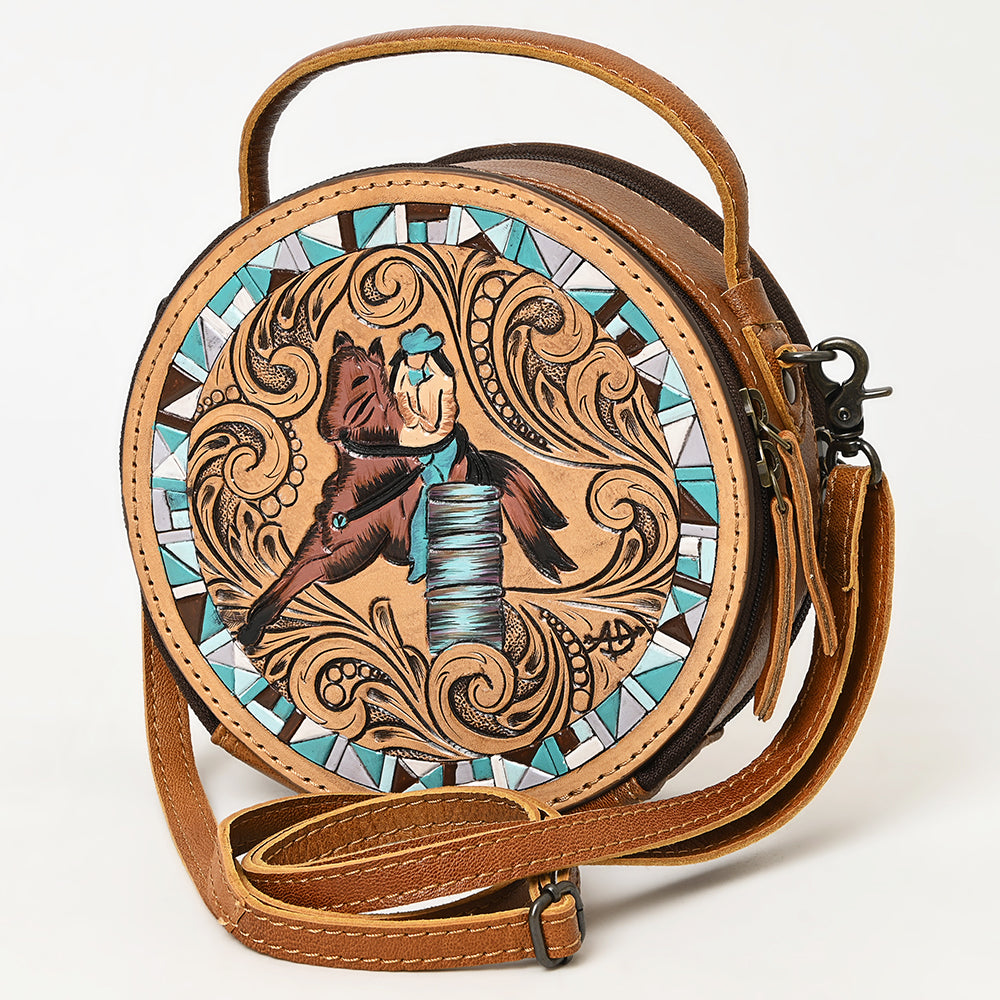 ADBG1457 Round Hand Tooled Barrel Racer Leather Bag - Western Cowgirl Crossbody