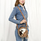 ADBG1458 Round Cowhide & Tooled Leather Bag - Western Crossbody with Turquoise Mosaic Inlay
