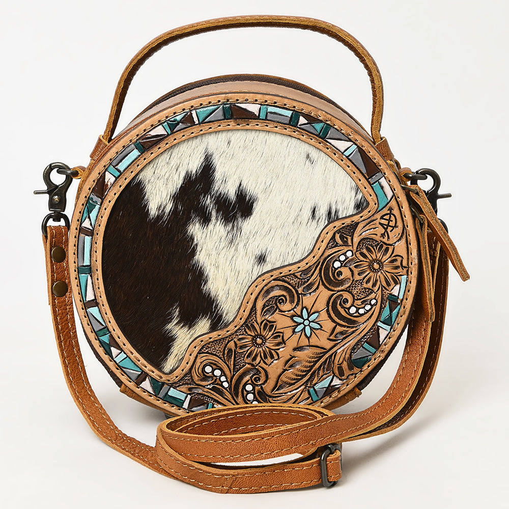 ADBG1458 Round Cowhide & Tooled Leather Bag - Western Crossbody with Turquoise Mosaic Inlay